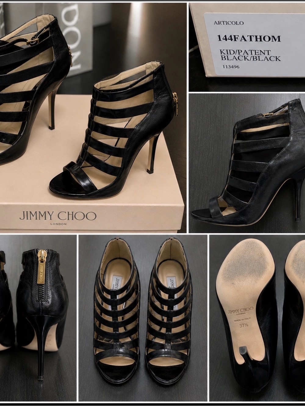 Jimmy Choo Fathom Black Kid & Patent Leather Cage Sandals 37.5